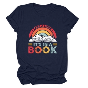 Detailed close-up of rainbow and book print on a navy blue cotton casual t-shirt