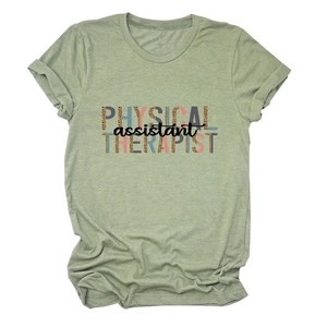 Detail of Physical Assistant Therapist text print on light green short sleeve cotton t-shirt
