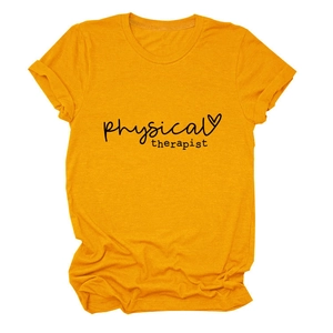 Detail of ginger yellow physical therapist t-shirt with script text and heart graphic