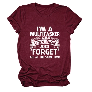 Women's burgundy crew neck T-shirt featuring multitasker quote print in relaxed fit style
