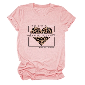 Pink short sleeve T-shirt featuring a leopard print heart and motivational slogans