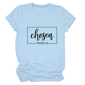 Detail of light blue cotton T-shirt featuring Chosen 1 Peter 2:9 minimalist black print