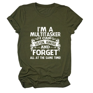Detail of rolled sleeve cuffs and white slogan print on army green cotton t-shirt