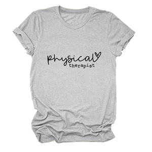 Close-up of light grey cotton T-shirt featuring physical therapist text and heart icon