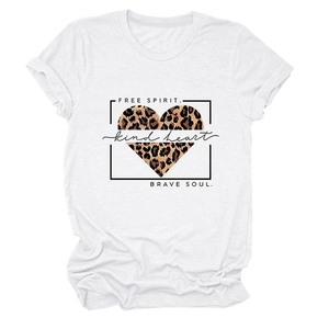 Close-up of leopard heart print and inspirational slogans on white cotton t-shirt