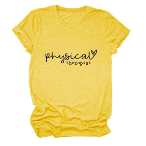 Detail of ginger yellow physical therapist t-shirt featuring heart and letter printing