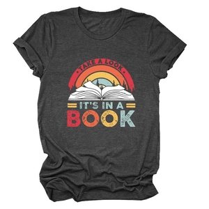 Detail of vintage book graphic print on charcoal heather short sleeve t-shirt