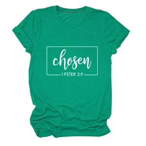 Close-up of grass green cotton T-shirt featuring white Chosen 1 Peter 2:9 graphic print