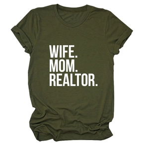 Detail of Wife Mom Realtor text print on olive green cotton short sleeve t-shirt