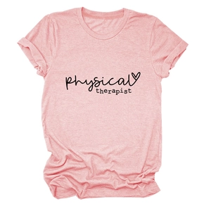 Detail of heather pink cotton t-shirt with black physical therapist print and heart logo