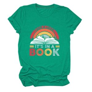 Close-up of the retro reading illustration and white text print on a green cotton T-shirt