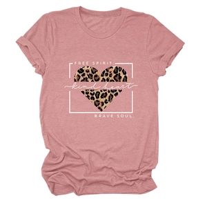 Detail of Free Spirit t-shirt with leopard print heart and slogan on pink fabric