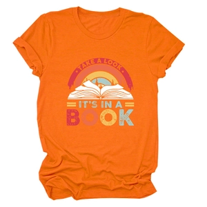 Detail of retro rainbow and book print on a bright orange cotton short sleeve t-shirt