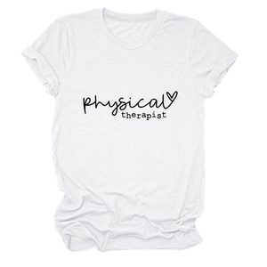 Detailed shot of cotton white t-shirt featuring black physical therapist heart print