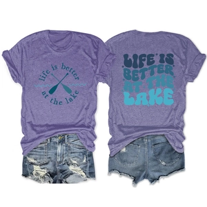 Women's violet lake print t-shirt and denim shorts set shown in front and back flat lay view