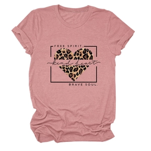Detail of soft dusty pink t-shirt with leopard print heart and motivational text