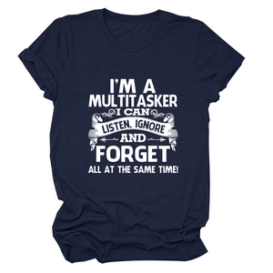 Navy blue crewneck T-shirt with white Multitasker quote print on soft cotton fabric