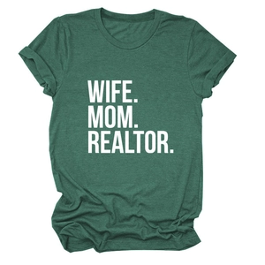 Flat lay of dark green T-shirt with WIFE MOM REALTOR bold white lettering detail