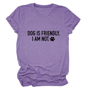 Detail of purple cotton blend T-shirt with Dog Is Friendly graphic text and paw print