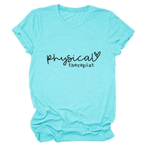 Detail view of lake blue physical therapist t-shirt featuring artistic print and heart icon