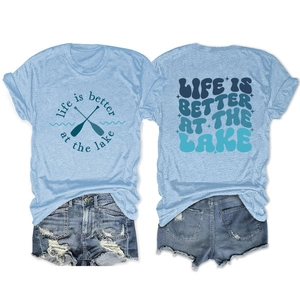 Light blue Lake life T-shirt with denim shorts shown from both front and back views