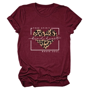 Women's burgundy T-shirt with leopard heart and Free Spirit slogans in a flat lay view