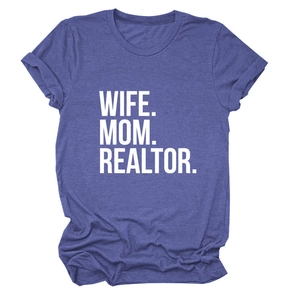 Close-up of Wife Mom Realtor lettering on soft purple casual short sleeve T-shirt
