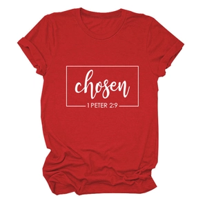 Detail of red cotton T-shirt featuring white Chosen 1 Peter 2:9 scripture print