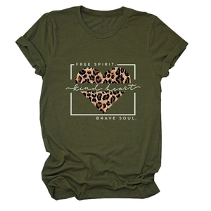 Close-up of leopard print heart graphic and slogan on army green cotton T-shirt