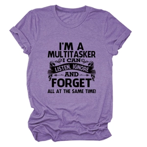 Close-up of purple crew neck T-shirt with black slogan and heathered cotton texture