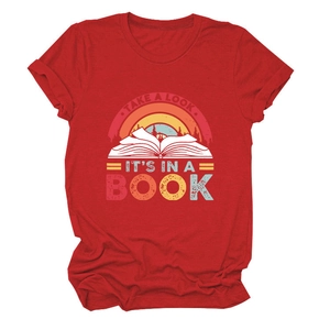 Detail of red t-shirt showing the vintage book and forest graphic with slogan print
