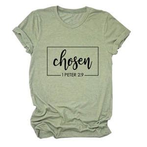 Detailed flat lay of heather green cotton T-shirt with black chosen print and verse reference