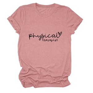 Close-up of physical therapist t-shirt in dusty rose with rolled sleeves detail