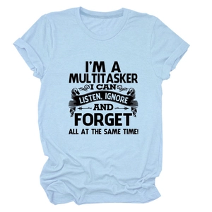 Detail of light blue cotton T-shirt featuring 'I'm a multitasker' slogan text
