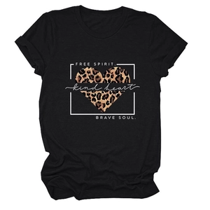 Detail of a black cotton T-shirt featuring a leopard heart and 'Free Spirit' graphic print