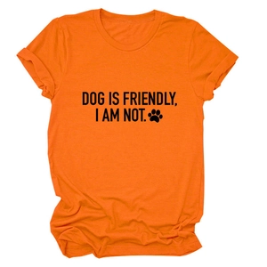 Detail of orange t-shirt collar and DOG IS FRIENDLY print with dog paw graphic