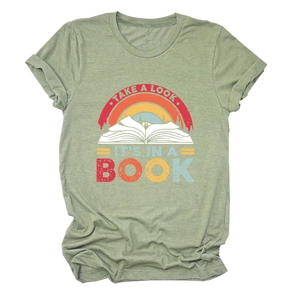 Close-up of sage green T-shirt fabric with vintage rainbow and book graphic print