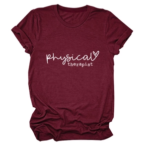 Women's burgundy physical therapist t-shirt with heart graphic and crew neck design