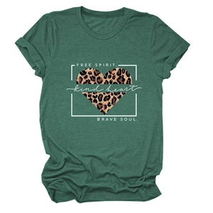 Detailed flat lay of dark green T-shirt with leopard print heart and inspirational text