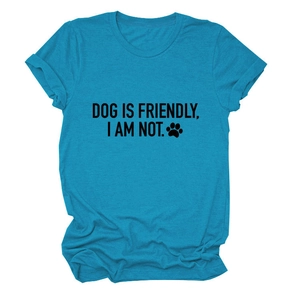 Detail of blue T-shirt collar with Dog Is Friendly I Am Not print and paw icon