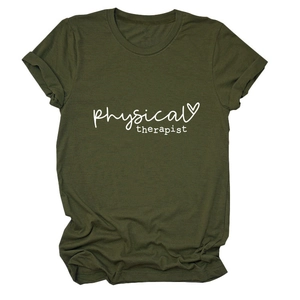 Detailed view of army green cotton t-shirt with physical therapist heart print design