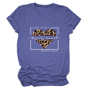 Detail of leopard print heart and motivational text on purple short sleeve t-shirt