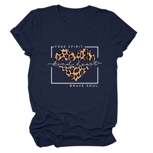 Close-up of Navy Blue T-shirt featuring a leopard heart and Free Spirit print