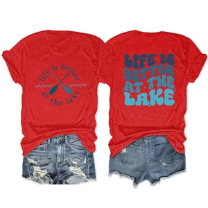 Front and back detail of red lake t-shirt and distressed denim shorts casual set