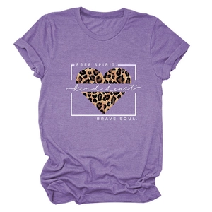 Close-up of leopard heart print and brave soul text on purple short sleeve t-shirt