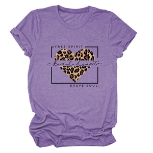 Detailed flat lay of purple cotton T-shirt with leopard print heart and slogans