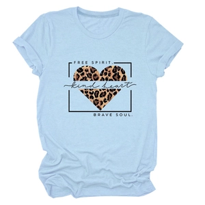 Detail of light blue t-shirt with leopard print heart and 'Free Spirit' text print