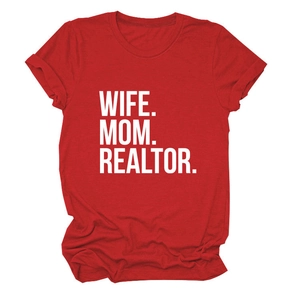 Detail of red crew neck cotton T-shirt featuring white bold WIFE MOM REALTOR lettering