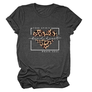 Close-up of leopard heart graphic print on dark grey cotton blend t-shirt detail