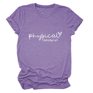 Detail of purple cotton T-shirt featuring Physical Therapist handwritten print and heart